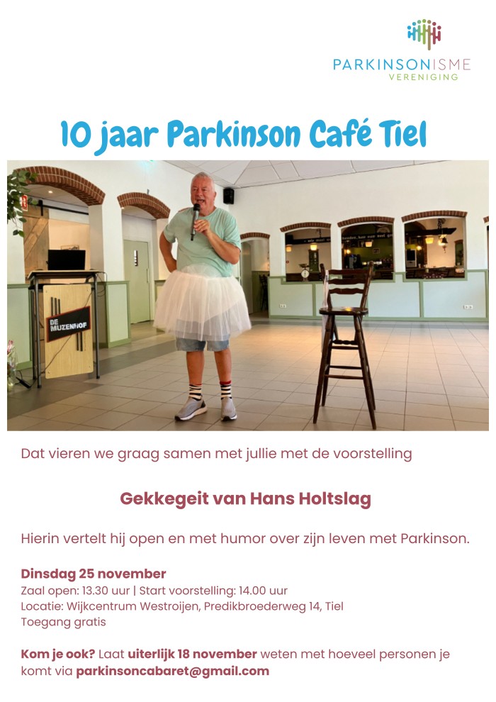 Flyer met uitnodiging voor de voorstelling van Hans Holtslag en een foto van Hans in tutu